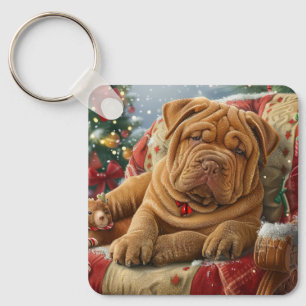 Shar Pei Dog Christmas Festive Key Ring