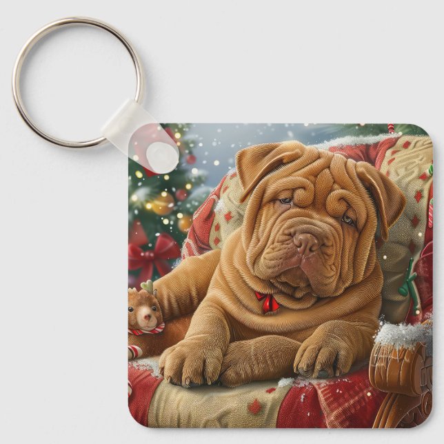 Shar Pei Dog Christmas Festive Key Ring (Front)