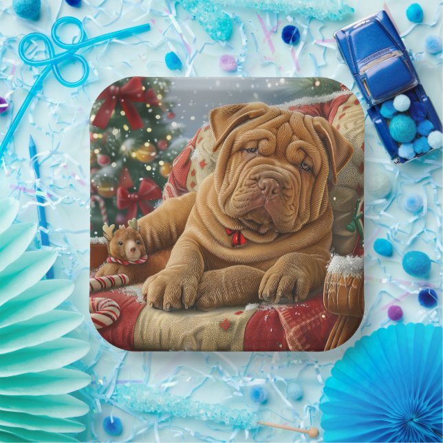 Shar Pei Dog Christmas Festive Paper Plate (Party)