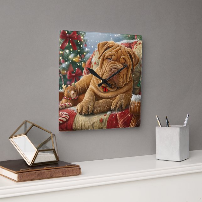 Shar Pei Dog Christmas Festive Square Wall Clock (Office)