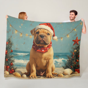 Shar Pei Dog Christmas Vintage Beach Fleece Blanket