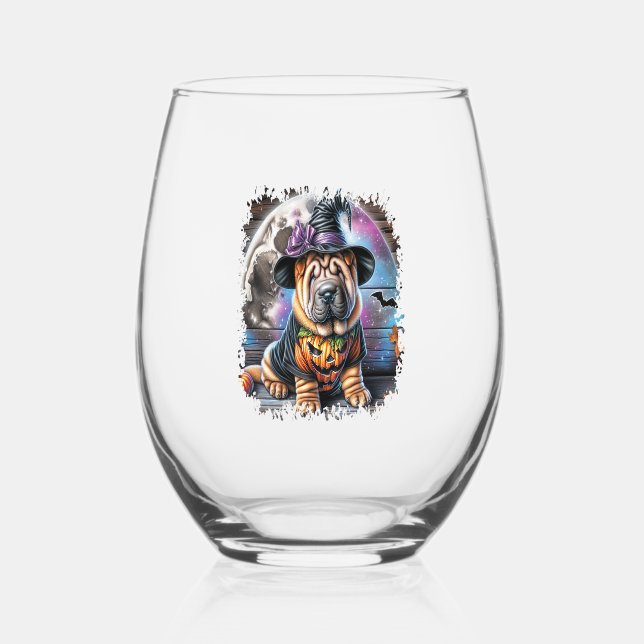 Shar Pei Dog Halloween Square Stemless Wine Glass (Front)
