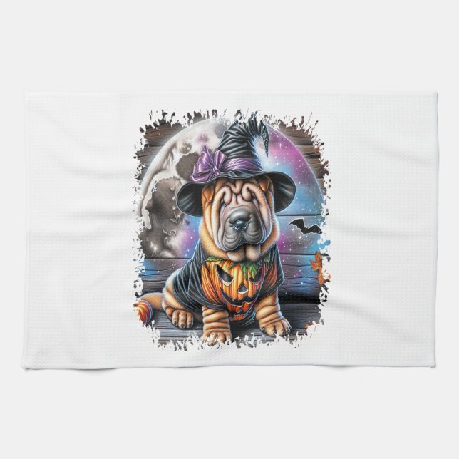 Shar Pei Dog Halloween Square Tea Towel (Horizontal)