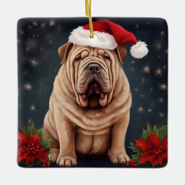 Shar Pei Dog in Snow Christmas  Ceramic Ornament (Front)
