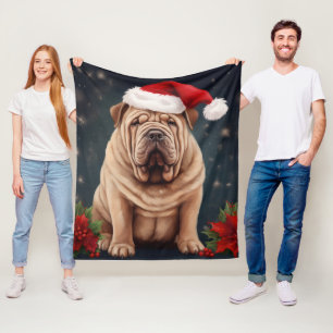 Shar Pei Dog in Snow Christmas Fleece Blanket
