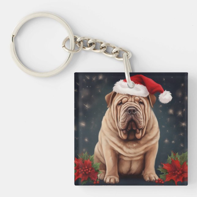 Shar Pei Dog in Snow Christmas  Key Ring (Front)
