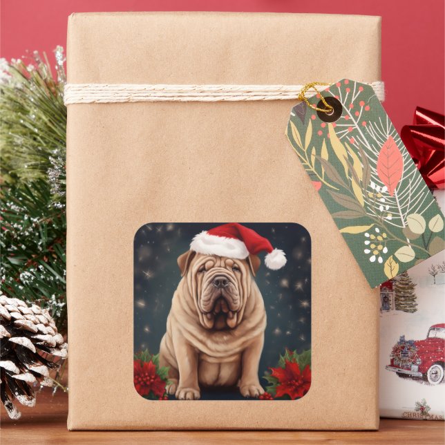 Shar Pei Dog in Snow Christmas  Square Sticker (Holiday)