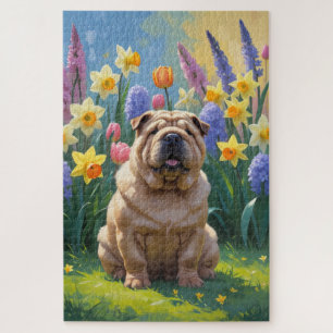Shar Pei Dog Spring Flowers Painting Jigsaw Puzzle