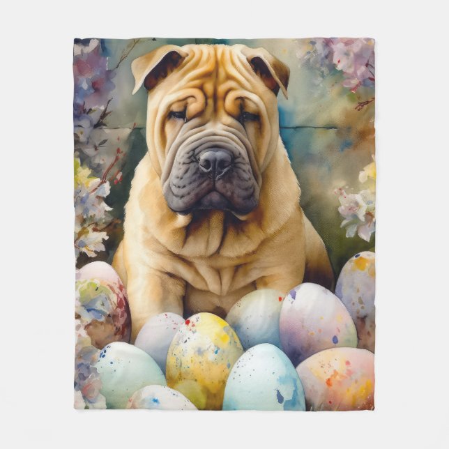 Shar Pei Dog with Easter Eggs Holiday  Fleece Blanket (Front)