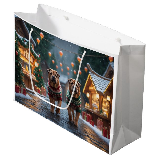 Shar Pei  Dogs Christmas Snow Holiday Large Gift Bag (Front Angled)