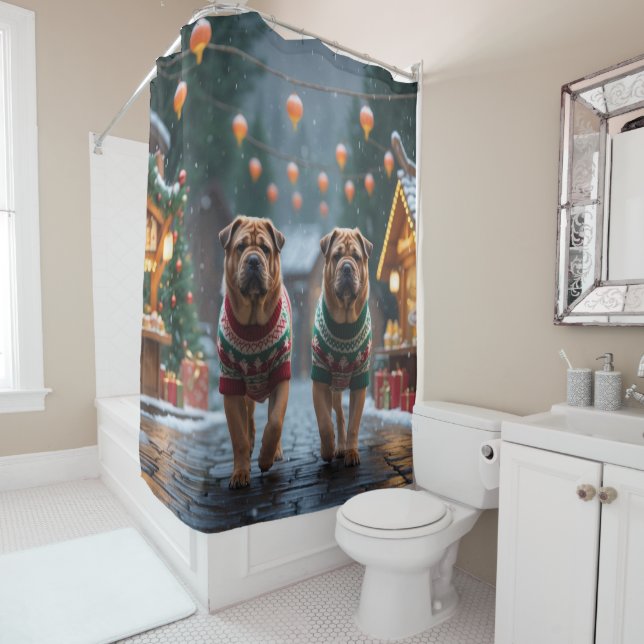 Shar Pei  Dogs Christmas Snow Holiday Shower Curtain (In Situ)