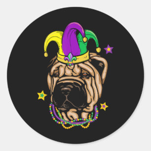 Shar Pei Face Wearing Mardi Gras Beads Jester Hat Classic Round Sticker