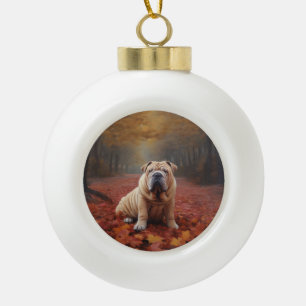 Shar Pei in Autumn Leaves Fall Inspire Ceramic Ball Christmas Ornament