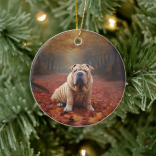 Shar Pei in Autumn Leaves Fall Inspire Ceramic Ornament