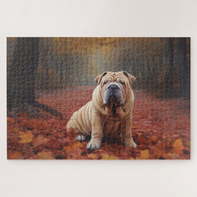 Shar Pei in Autumn Leaves Fall Inspire Jigsaw Puzzle (Horizontal)