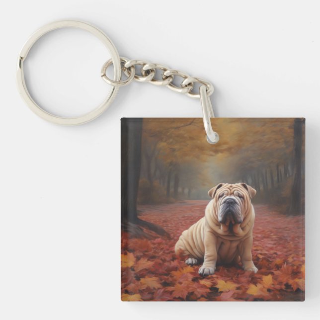 Shar Pei in Autumn Leaves Fall Inspire Key Ring (Front)