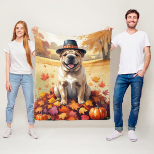 Shar Pei In Autumn Leaves Thanksgiving Art Fleece Blanket