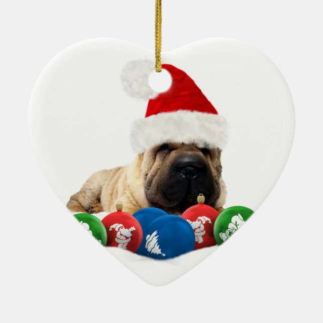 Shar Pei In Santa Hat Heart Ornament (Back)