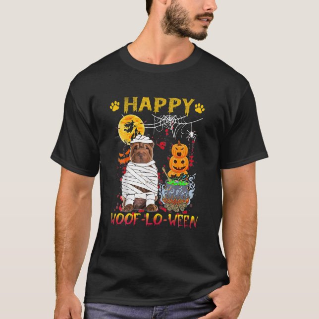 Shar Pei Mummy Happy Woof-Lo-Ween Halloween Pumpki T-Shirt (Front)