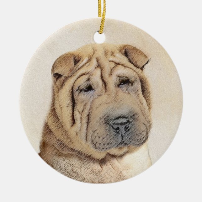 Shar Pei Painting - Cute Original Dog Art Ceramic Tree Decoration (Front)