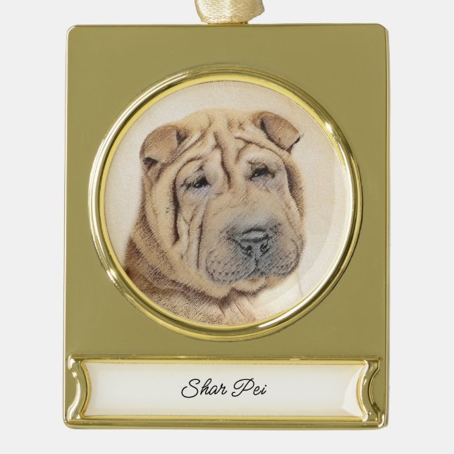 Shar Pei Painting - Cute Original Dog Art Gold Pla Plated Banner Ornament (Front)
