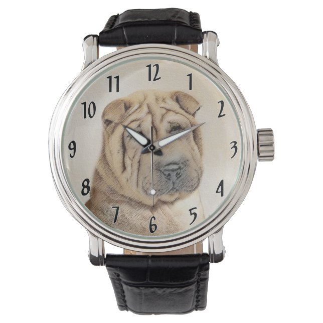 Shar Pei Painting - Cute Original Dog Art Watch (Front)