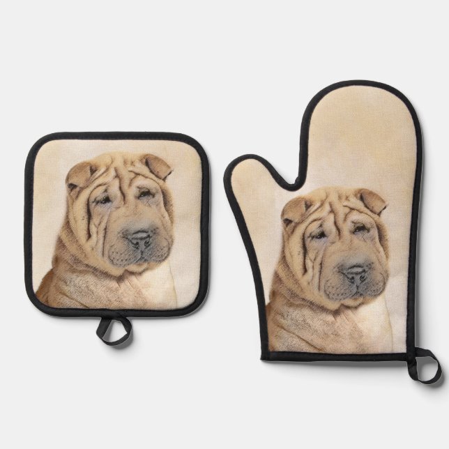 Shar Pei Painting Fawn Wrinkle Original Dog Art Oven Mitt & Pot Holder Set (Front)