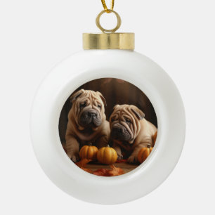 Shar Pei Puppy Autumn Delight Pumpkin Ceramic Ball Christmas Ornament