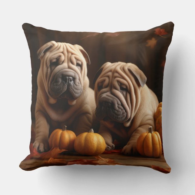 Shar Pei Puppy Autumn Delight Pumpkin Cushion (Front)