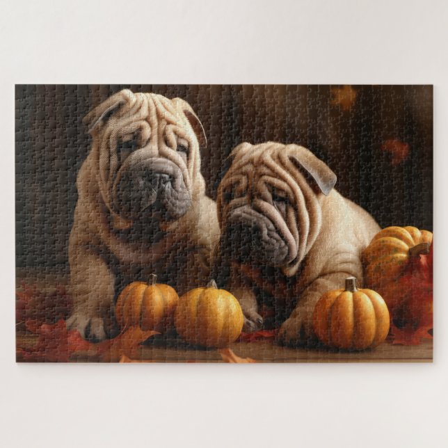 Shar Pei Puppy Autumn Delight Pumpkin Jigsaw Puzzle (Horizontal)