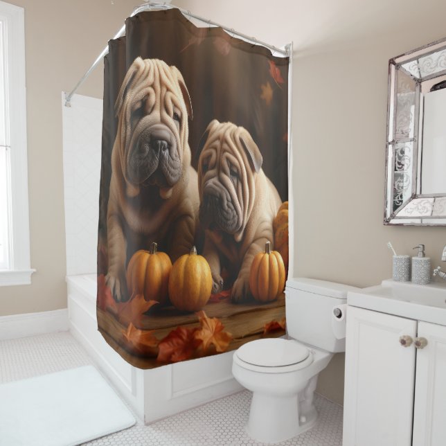 Shar Pei Puppy Autumn Delight Pumpkin Shower Curtain (In Situ)