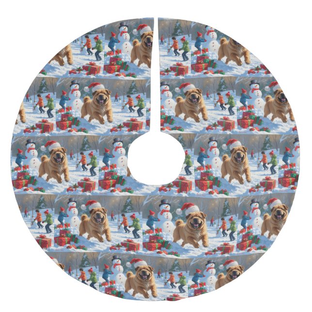 Shar Pei Running in Snow with Christmas Hat Brushed Polyester Tree Skirt (Front)