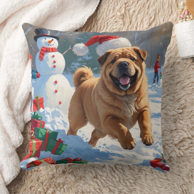 Shar Pei Running in Snow with Christmas Hat Cushion (Blanket)