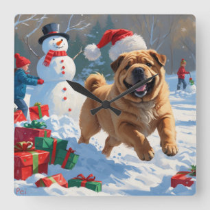 Shar Pei Running in Snow with Christmas Hat Square Wall Clock