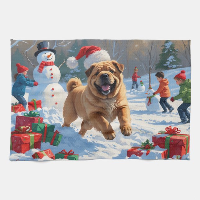 Shar Pei Running in Snow with Christmas Hat Tea Towel (Horizontal)