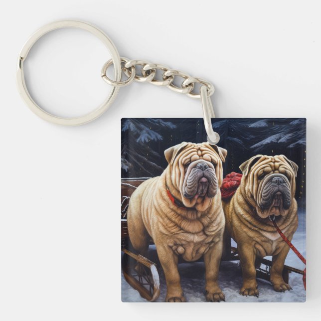 Shar Pei Snowy Sleigh Christmas Decor Key Ring (Front)