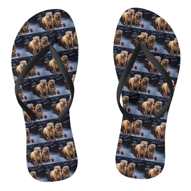 Shar Pei Snowy Sleigh Christmas Decor Thongs (Footbed)