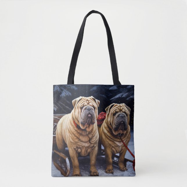 Shar Pei Snowy Sleigh Christmas Decor Tote Bag (Front)