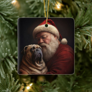 Shar Pei With Santa Claus Festive Christmas Ceramic Ornament
