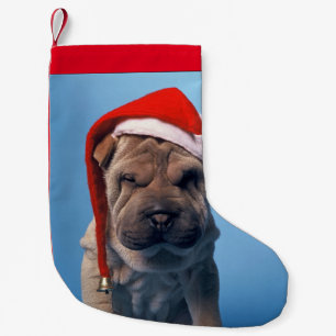 Shar pei with x-mas hat small christmas stocking
