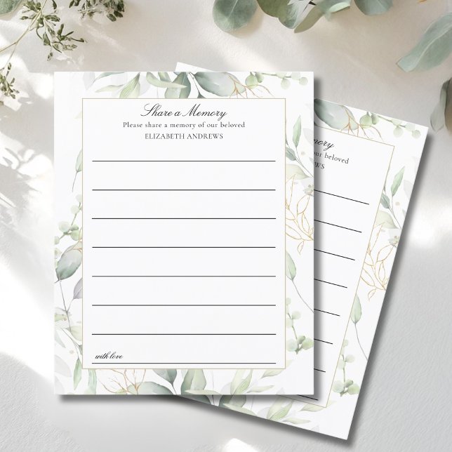 "Share a Memory"  Funeral Service Attendance Cards ("Share a Memory" Eucalyptus Funeral Service Attendance)