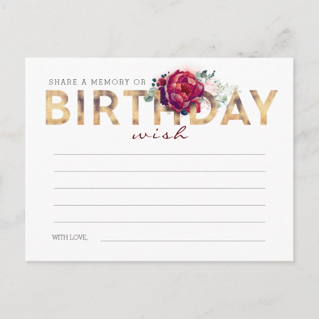 Share a Memory or Birthday Wish Burgundy and Blush Postcard (Front)
