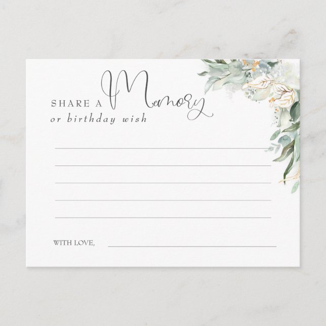 Share a Memory or Birthday Wish Gold and Greenery Postcard (Front)