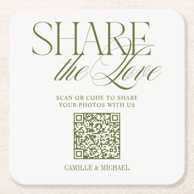 Share the Love QR Code Olive Green Wedding Square Paper Coaster (Front)