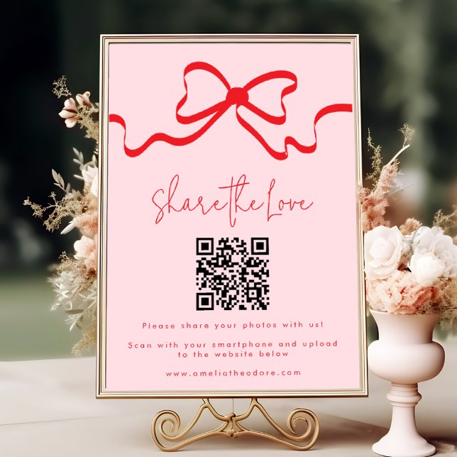 Share the Love Red Bow Wedding Photo Share QR Code Poster (Creator Uploaded)