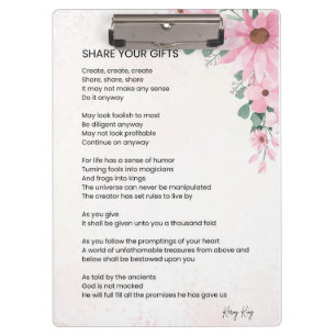Share Your Gifts Inspirational Empowerment Poem Clipboard