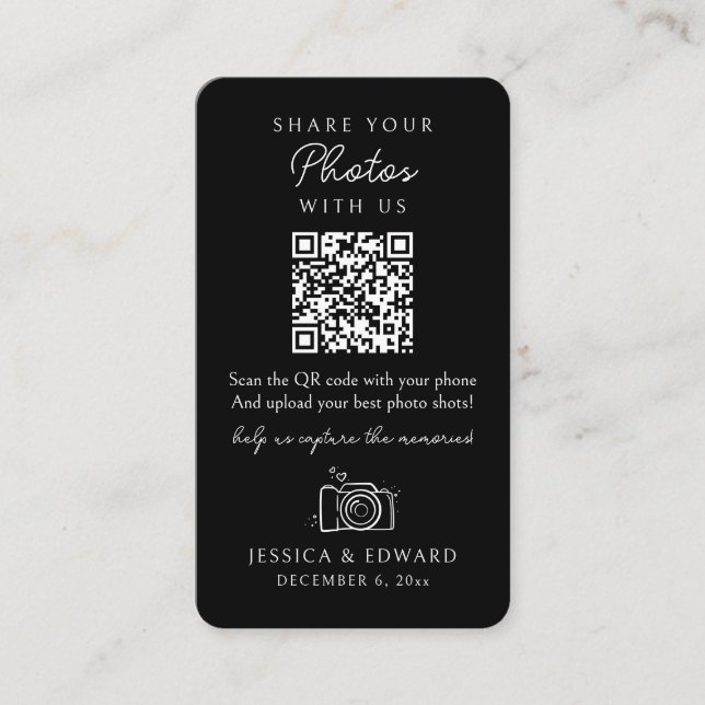 Share Your Photos Memorable Qr Code Black Wedding Place Card (Front)