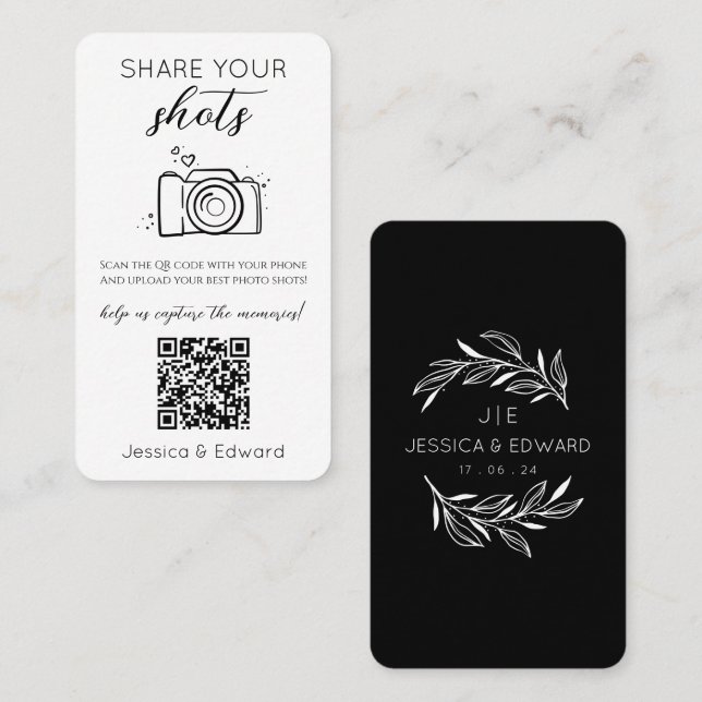 Share Your Shots Memorable Qr Code Black Wedding Place Card (Front/Back)