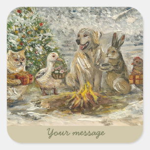 Shared Warmth Whimsical Farmhouse Animals Campfire Square Sticker