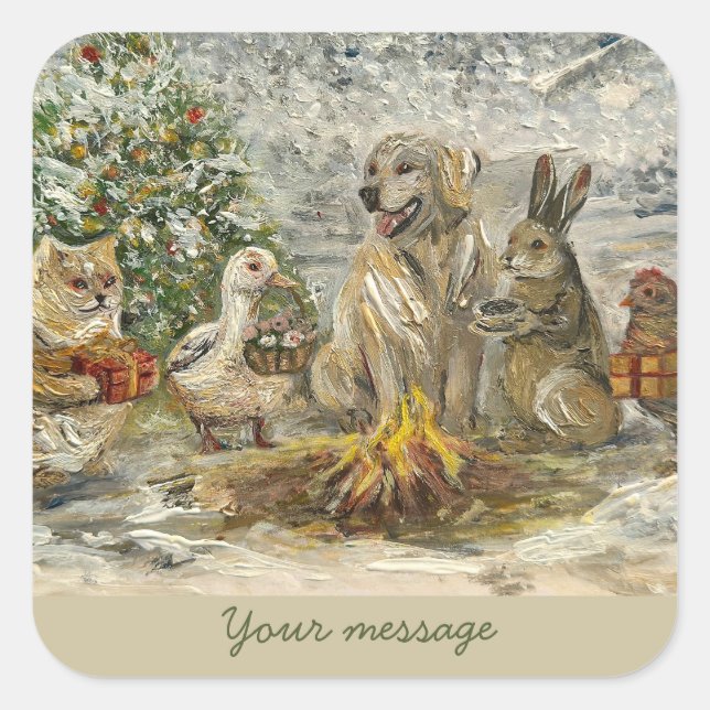 Shared Warmth Whimsical Farmhouse Animals Campfire Square Sticker (Front)